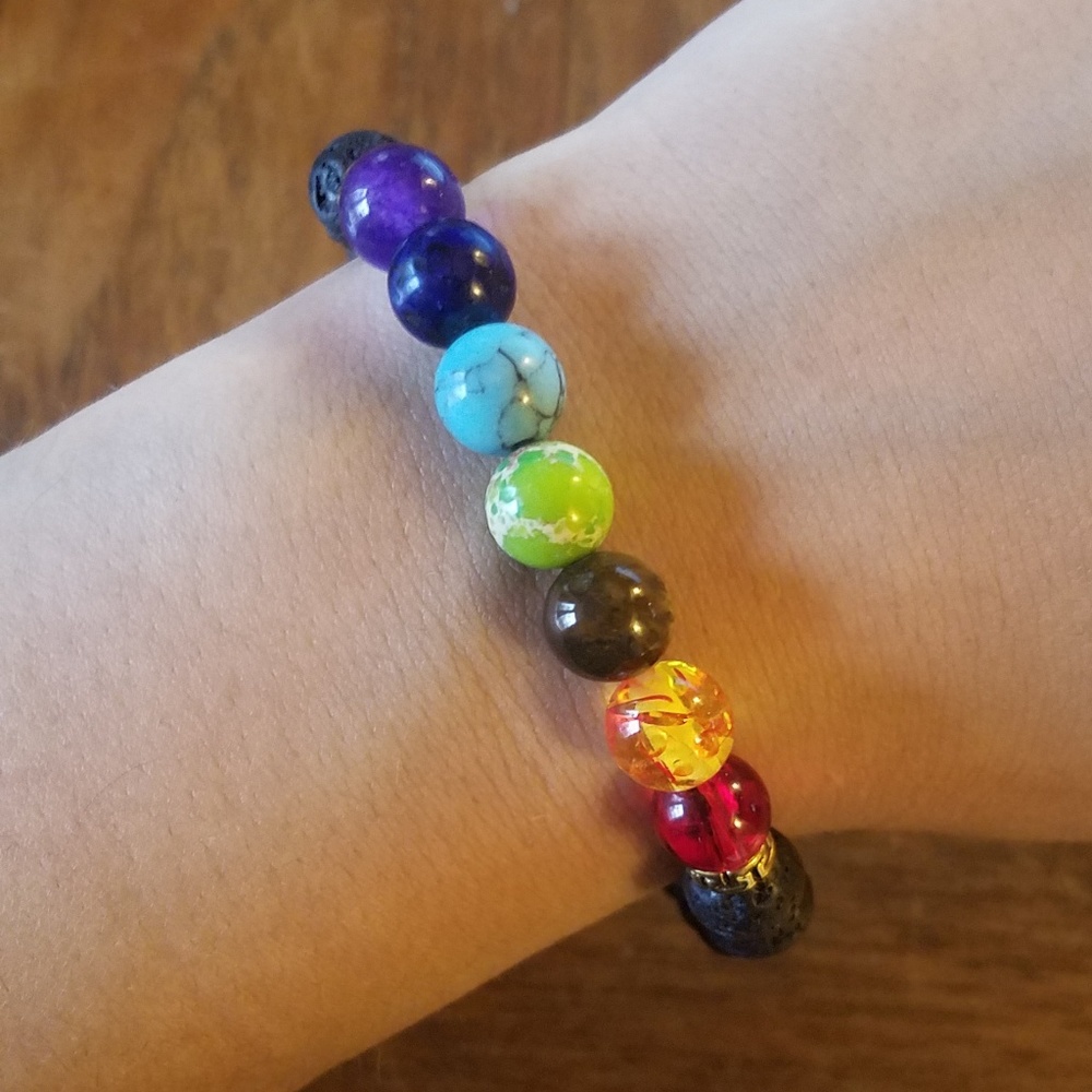 New 7 Chakra Beaded Lava Rock Rainbow Bracelet - Picture 5 of 6